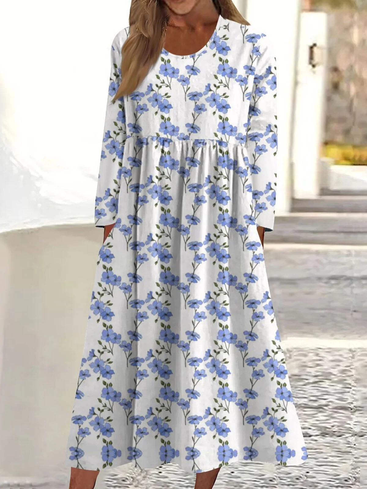 Women Floral Crew Neck Three Quarter Sleeve Comfy Casual Midi Dress