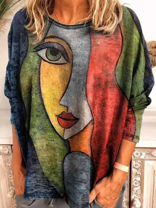 Crew Neck Long Sleeve Face Regular Loose Blouse For Women