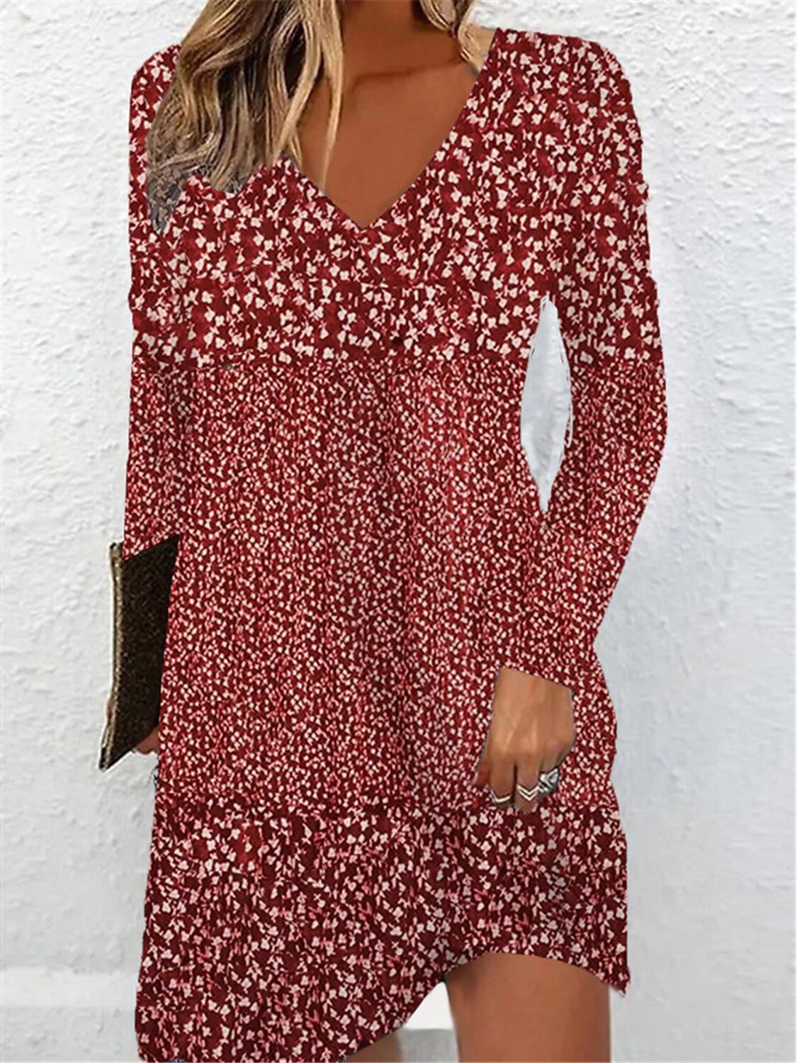 Women Ditsy Floral V Neck Long Sleeve Comfy Casual Midi Dress