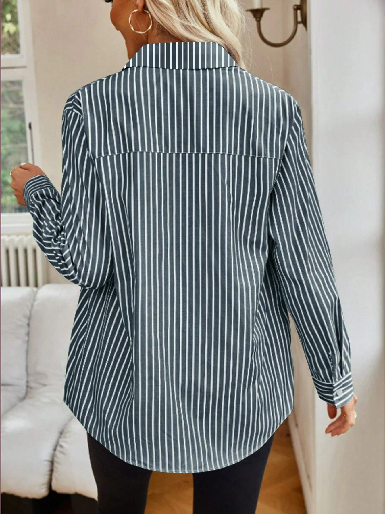 Shirt Collar Long Sleeve Striped Printing Lightweight Regular Fit Shirt For Women