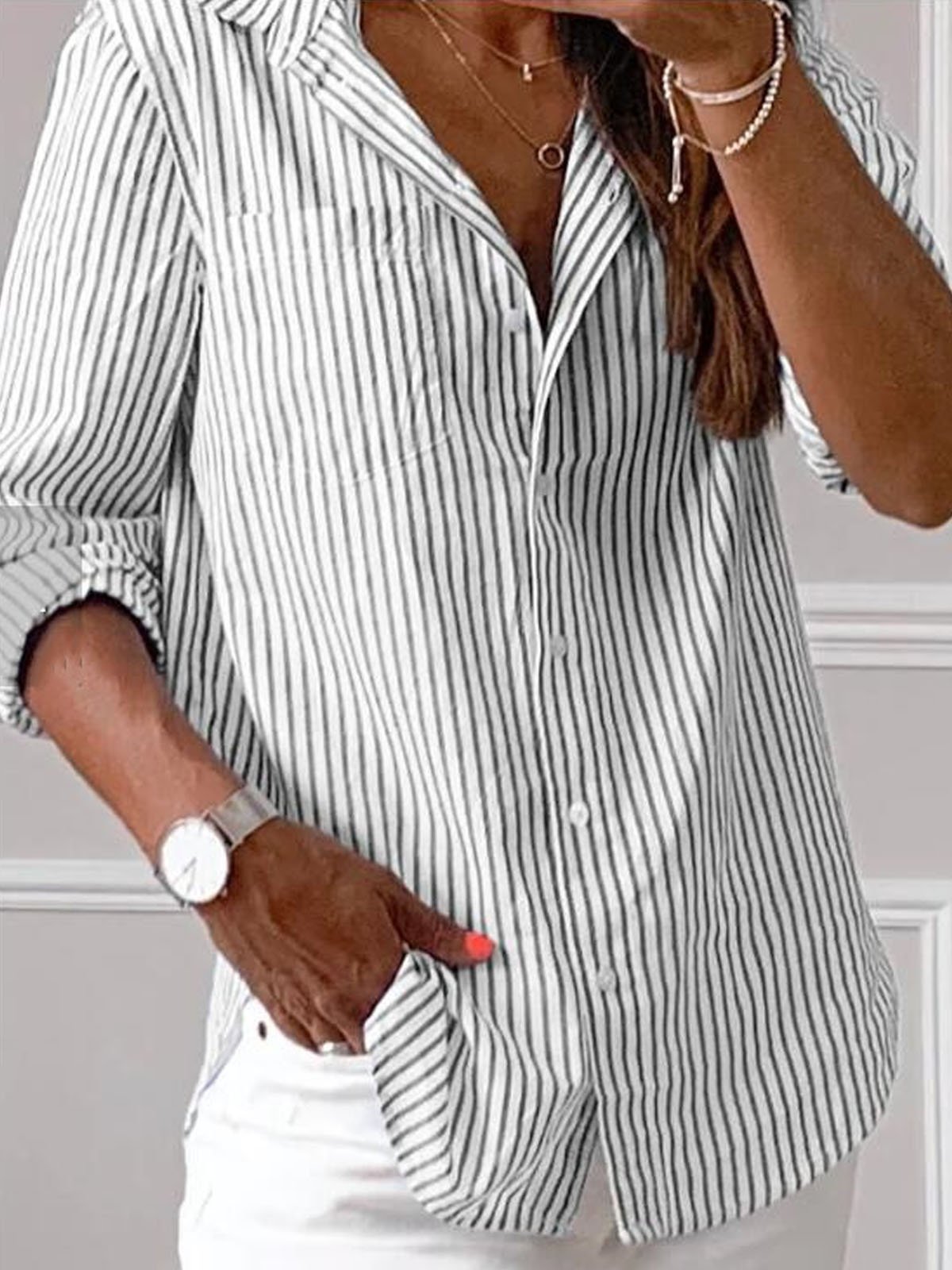 Shirt Collar Long Sleeve Striped Regular Loose Shirt For Women