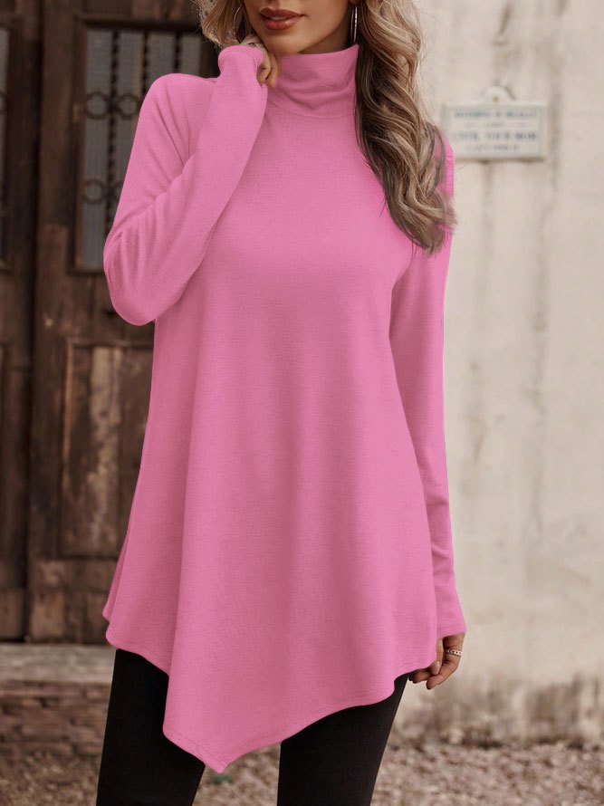 Casual Plain Turtleneck Long Sleeve T-shirt