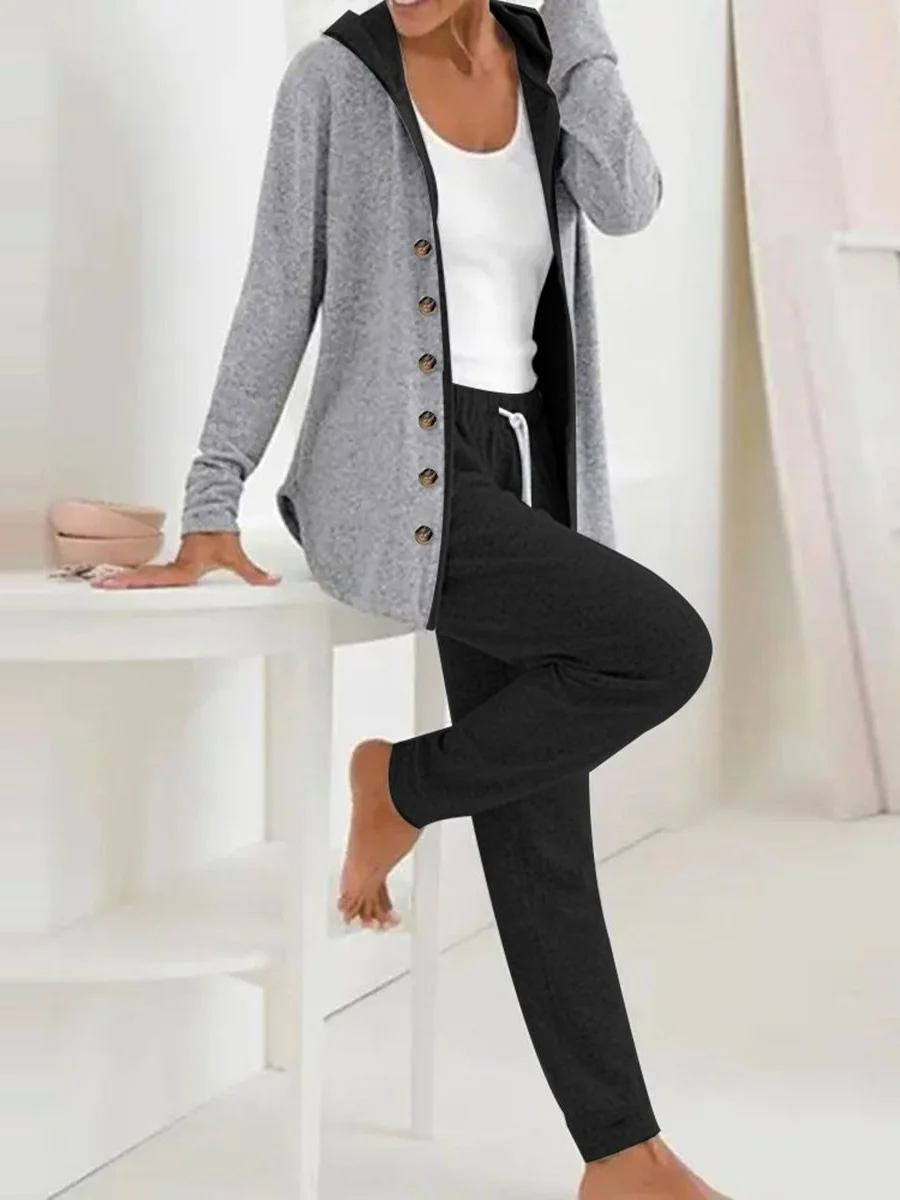 Women Plain Hoodie Long Sleeve Comfy Casual Buckle Coat With Pants Two-Piece Set