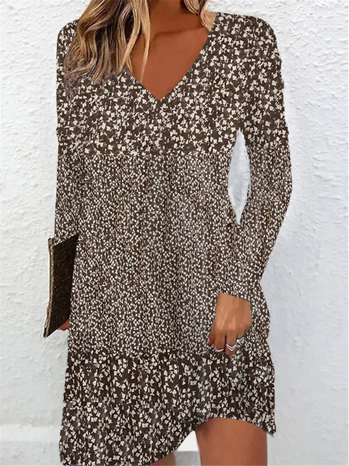 Women Ditsy Floral V Neck Long Sleeve Comfy Casual Midi Dress