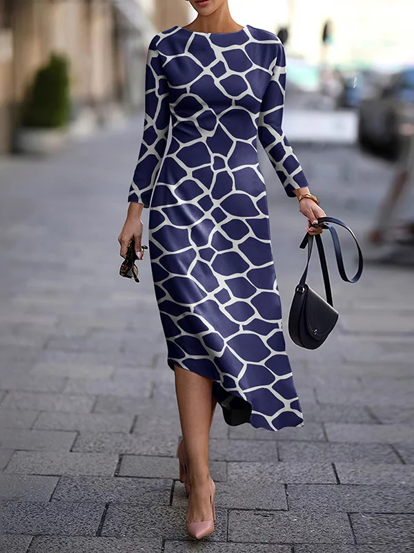 Women Geometric Crew Neck Long Sleeve Comfy Casual Midi Dress