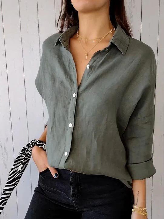 Shirt Collar Long Sleeve Plain Regular Loose Shirt For Women