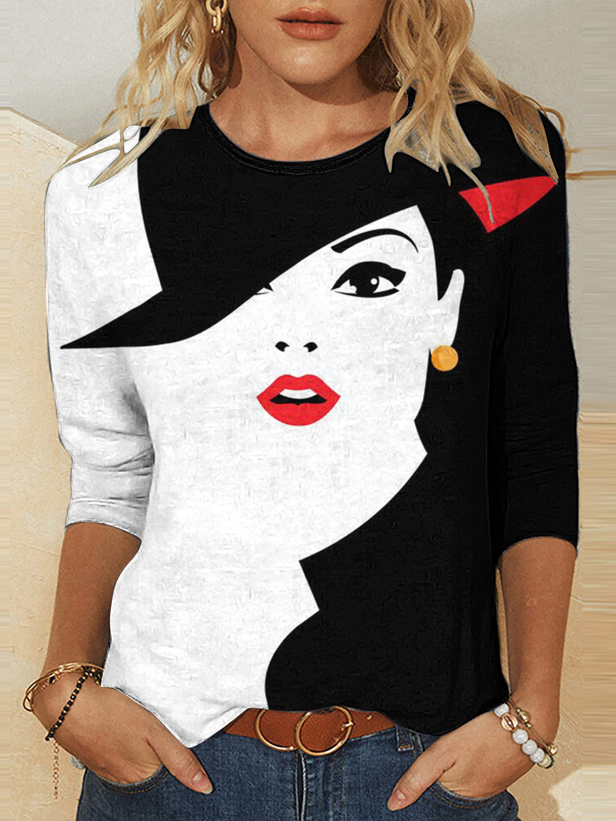 Casual Face Crew Neck Long Sleeve T-shirt