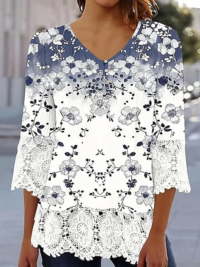 V Neck Three Quarter Sleeve Floral Regular Loose Blouse For Women