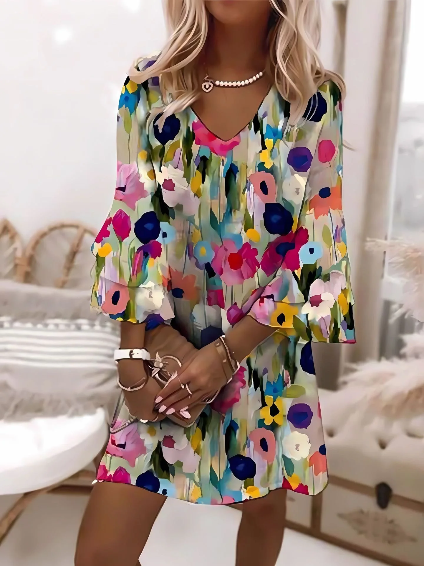 Women Floral V Neck Three Quarter Sleeve Comfy Casual Midi Dress