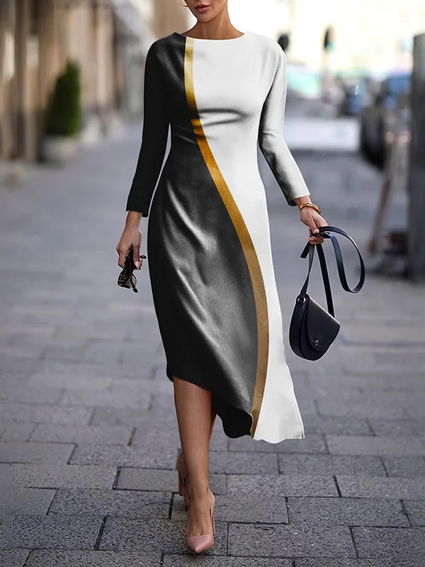 Women Geometric Crew Neck Long Sleeve Comfy Casual Midi Dress