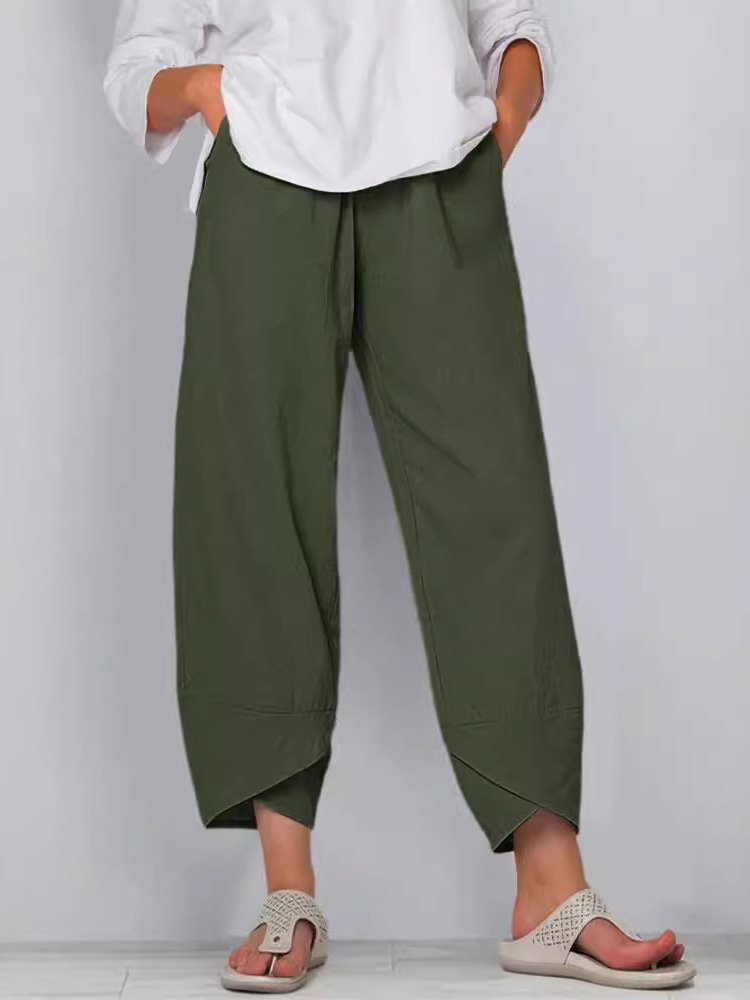 Casual Plain Ankle Pants Elastic Waist Pocket Stitching Pant