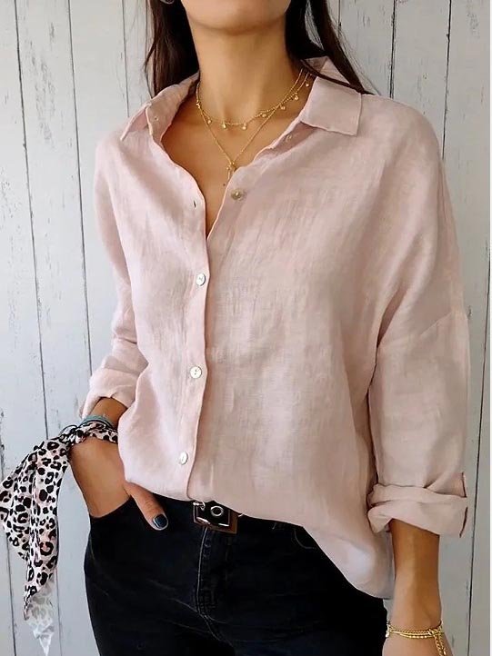 Shirt Collar Long Sleeve Plain Regular Loose Shirt For Women