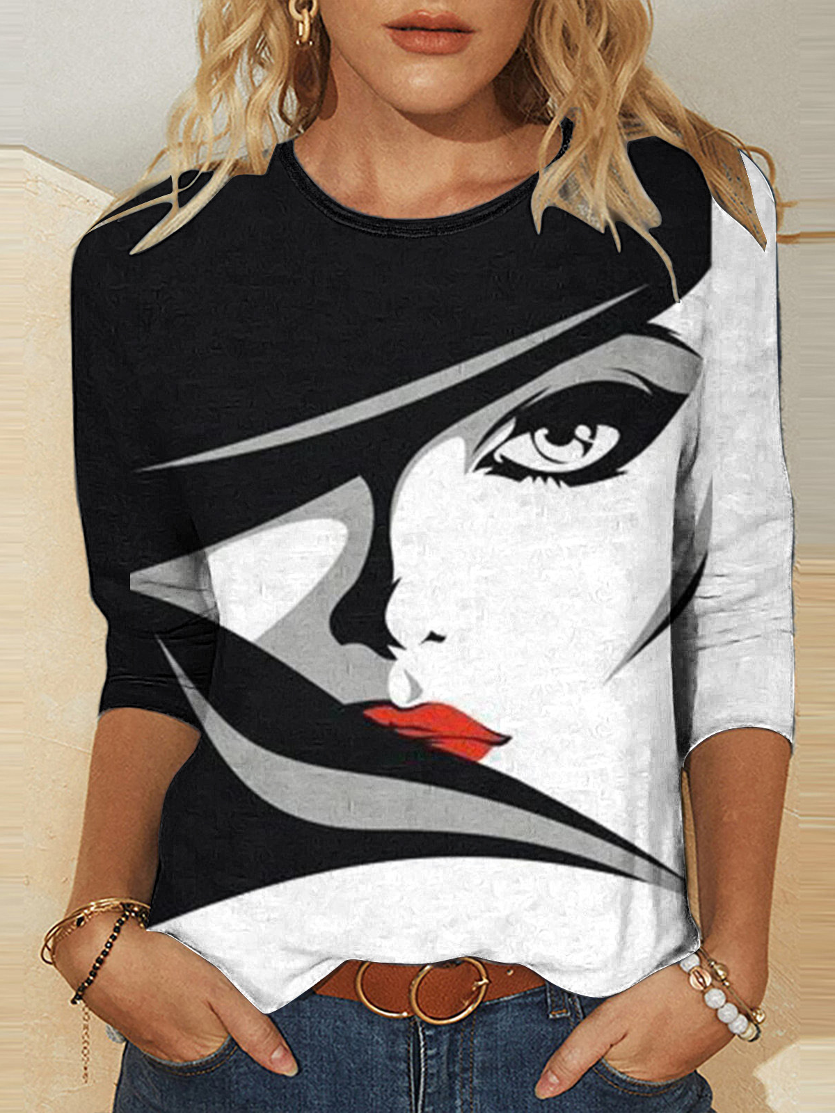 Casual Face Crew Neck Long Sleeve T-shirt