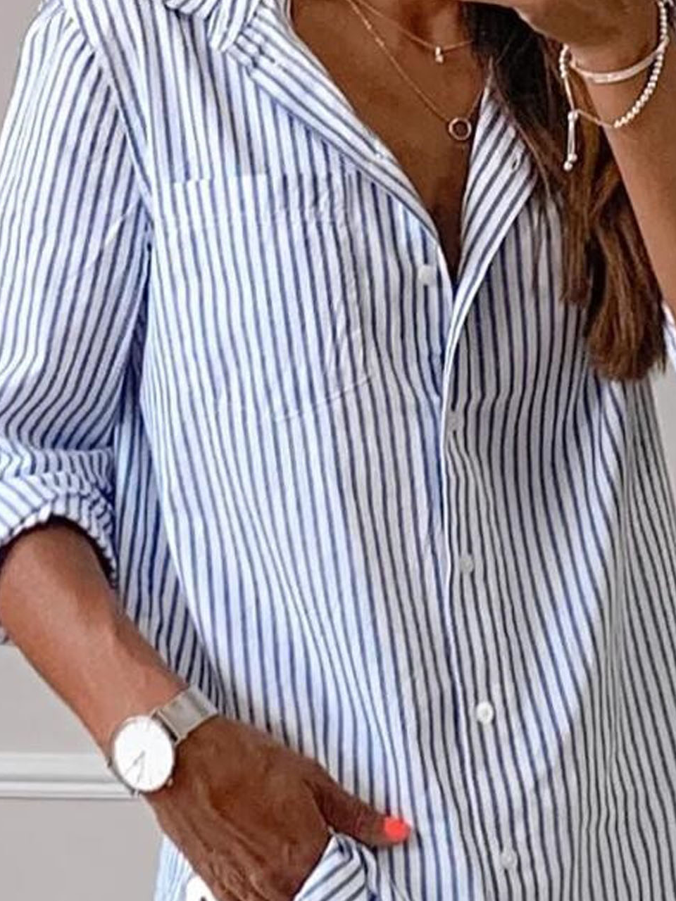 Shirt Collar Long Sleeve Striped Regular Loose Shirt For Women