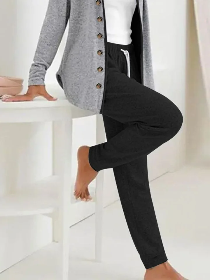 Women Plain Hoodie Long Sleeve Comfy Casual Buckle Coat With Pants Two-Piece Set