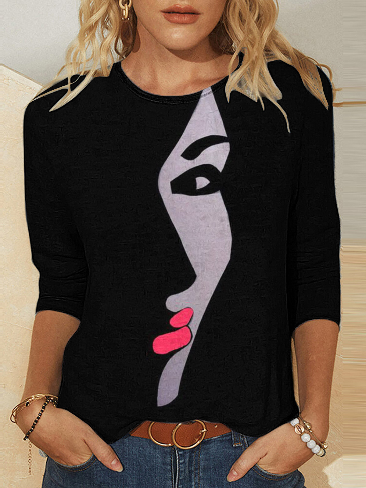 Casual Face Crew Neck Long Sleeve T-shirt