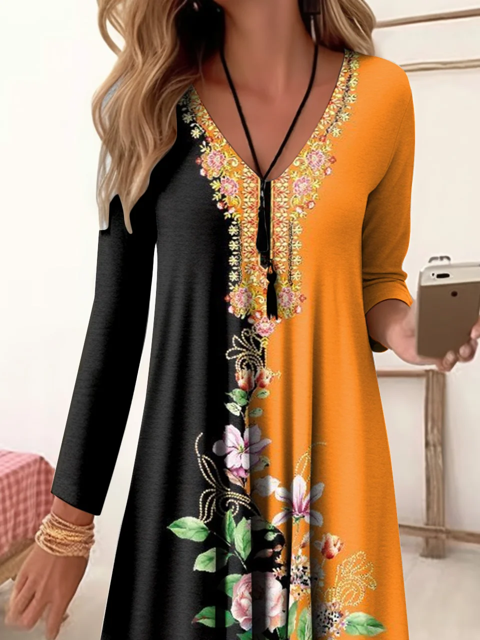 Women Floral V Neck Long Sleeve Comfy Casual Midi Dress