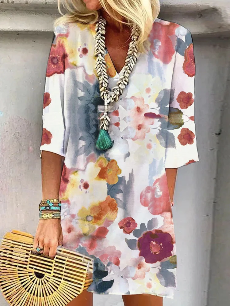 Women Floral V Neck Three Quarter Sleeve Comfy Casual Midi Dress