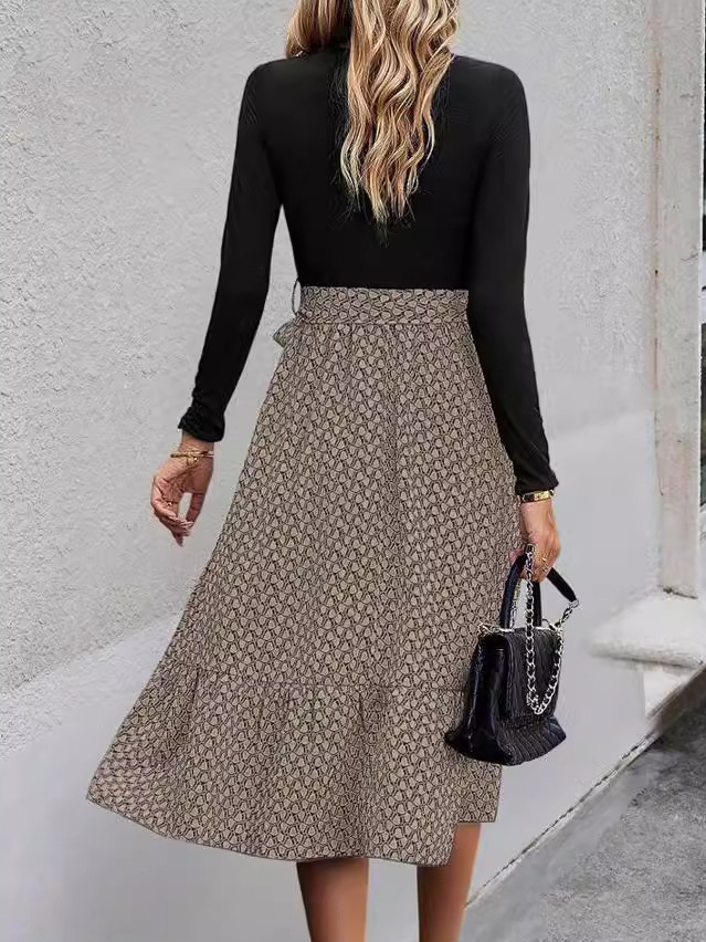 Women Geometric Crew Neck Long Sleeve Comfy Casual Maxi Dress