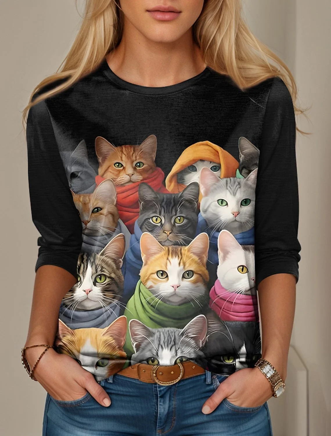 Casual Cat Crew Neck Long Sleeve T-shirt