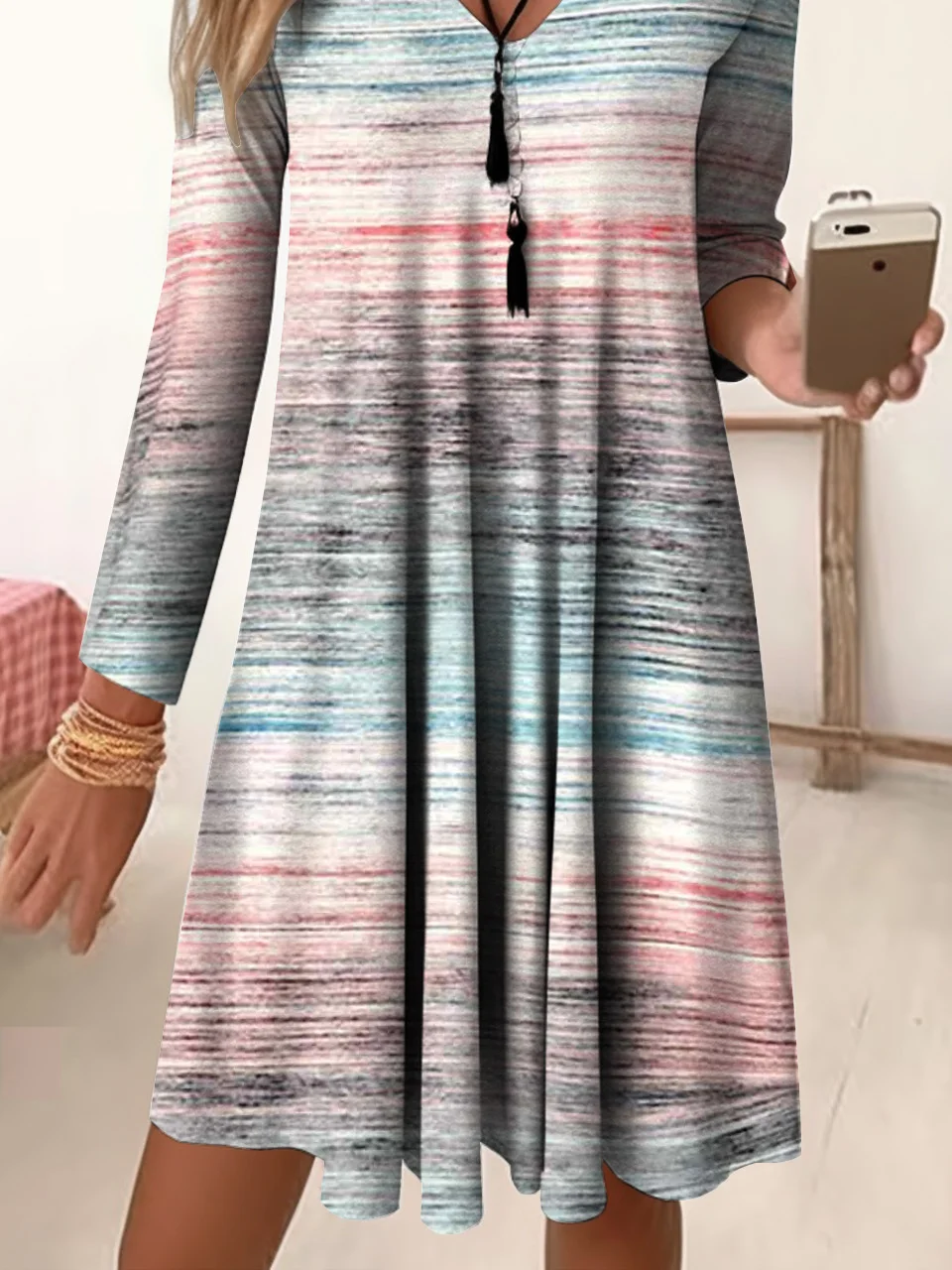 Women Striped V Neck Long Sleeve Comfy Casual Midi Dress