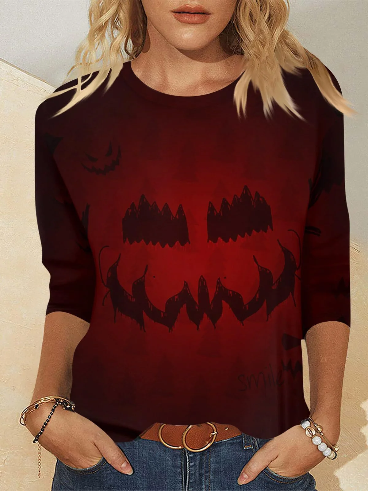 Casual Halloween Crew Neck Three Quarter Sleeve T-shirt