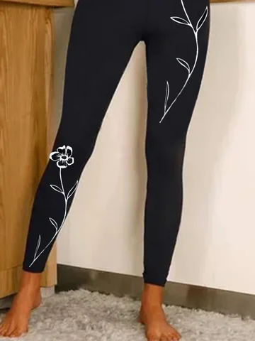 Casual Sports Leggings Knitted Floral Minimalist Pattern Tight-Fitting Long Pants For Women