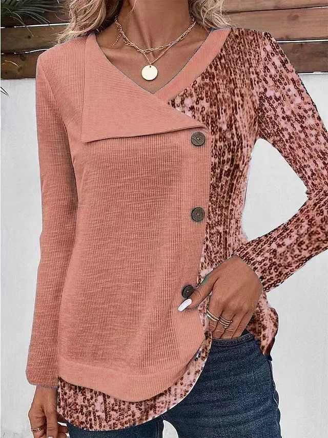 V Neck Long Sleeve Plain Buttoned Regular Micro-Elasticity Loose Mock Two-Piece Blouse For Women