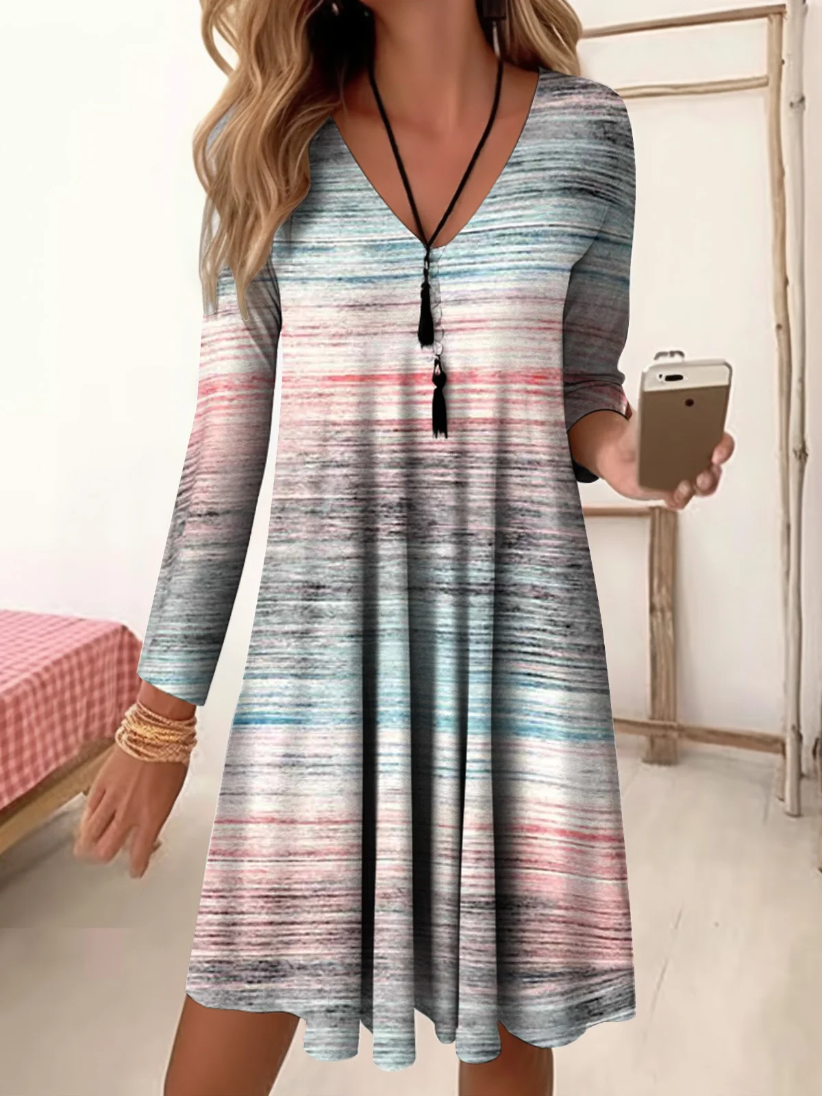 Women Striped V Neck Long Sleeve Comfy Casual Midi Dress