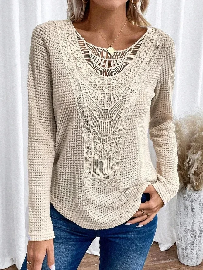 Long Sleeve Geometric Lace Regular Micro-Elasticity Loose Blouse For Women