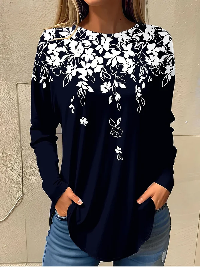 Casual Floral Crew Neck Long Sleeve T-shirt