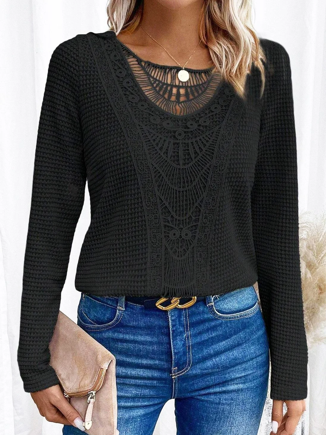 Long Sleeve Geometric Lace Regular Micro-Elasticity Loose Blouse For Women