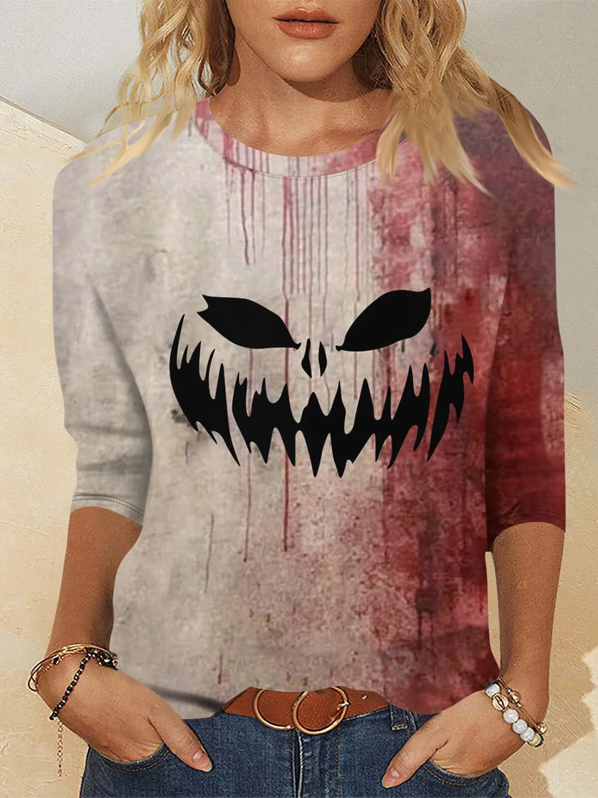 Casual Halloween Crew Neck Three Quarter Sleeve T-shirt