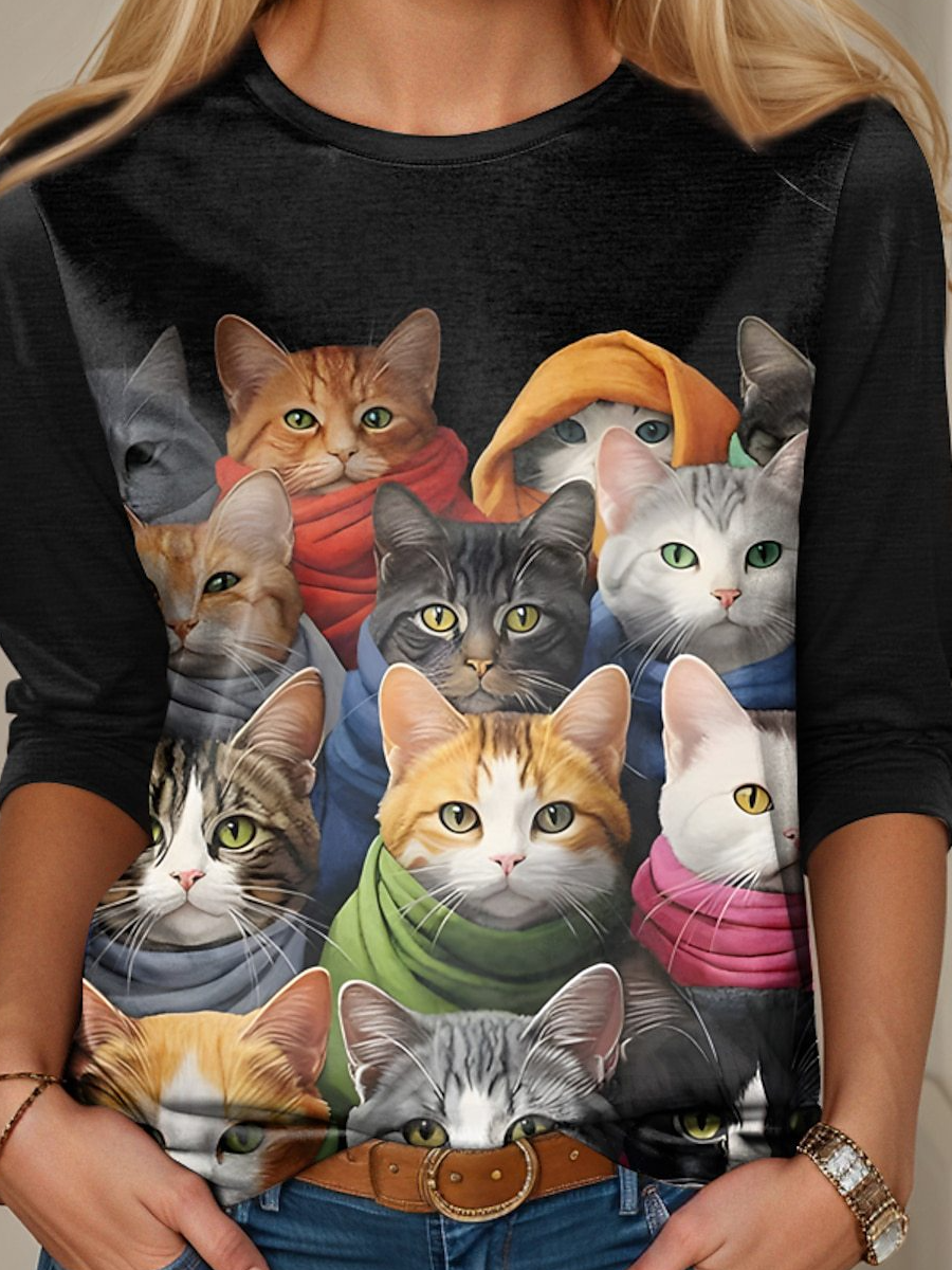 Casual Cat Crew Neck Long Sleeve T-shirt