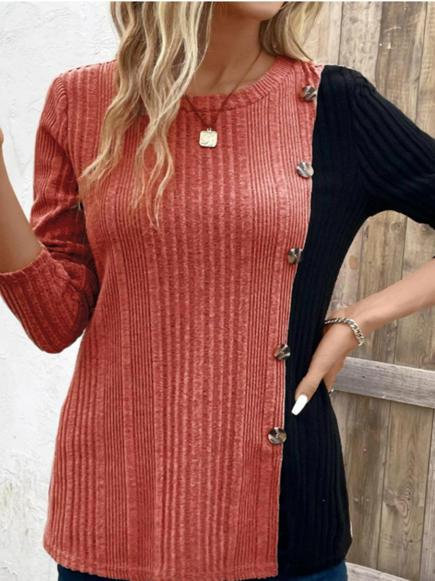 Crew Neck Long Sleeve Color Block Beaded Regular Micro-Elasticity Loose Blouse For Women