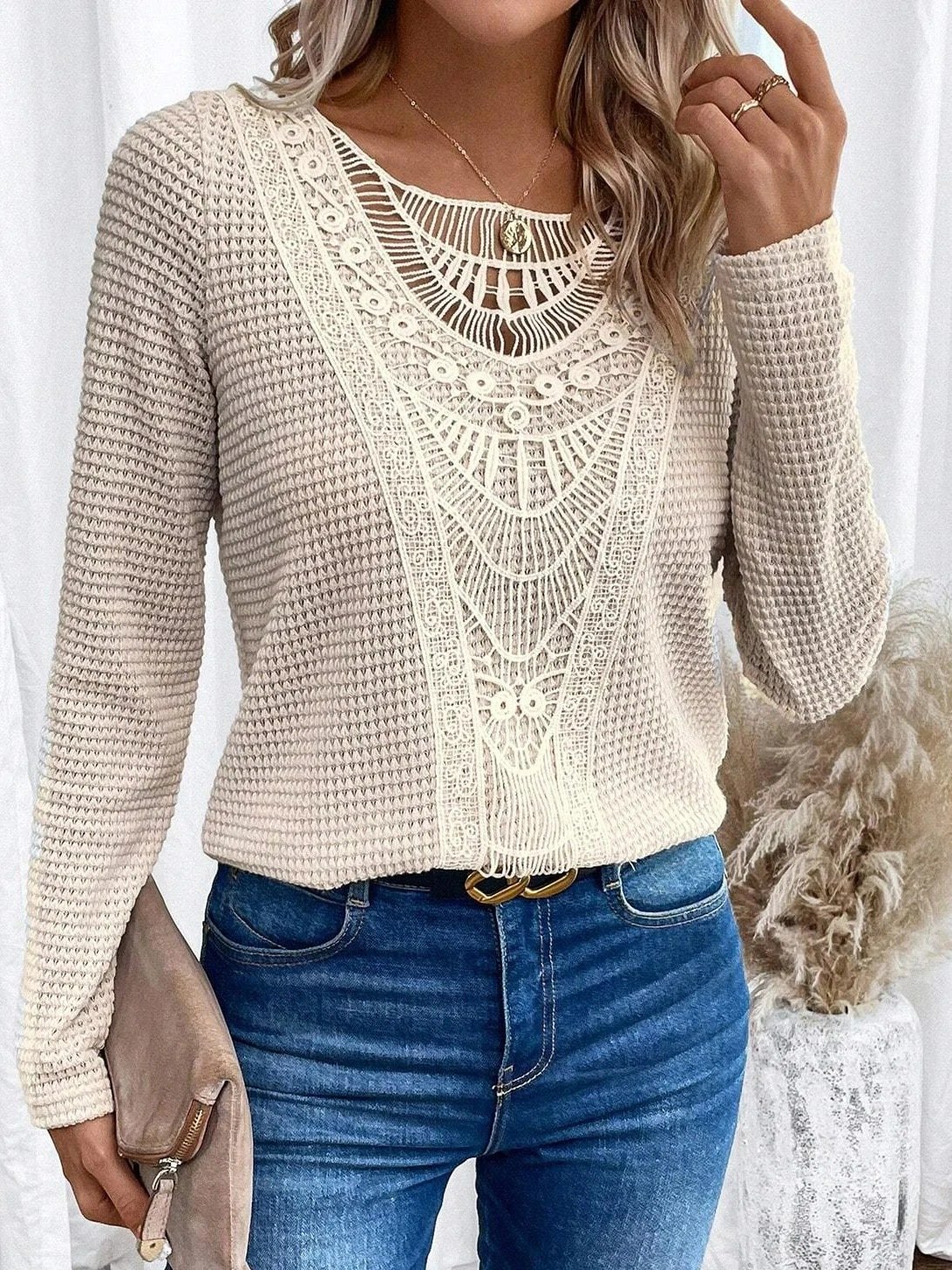 Long Sleeve Geometric Lace Regular Micro-Elasticity Loose Blouse For Women