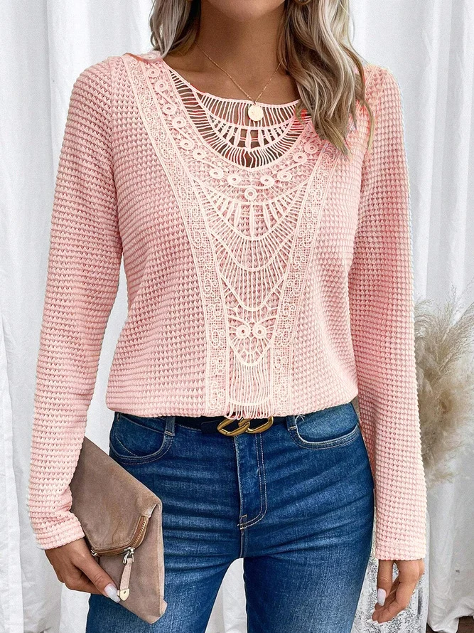 Long Sleeve Geometric Lace Regular Micro-Elasticity Loose Blouse For Women