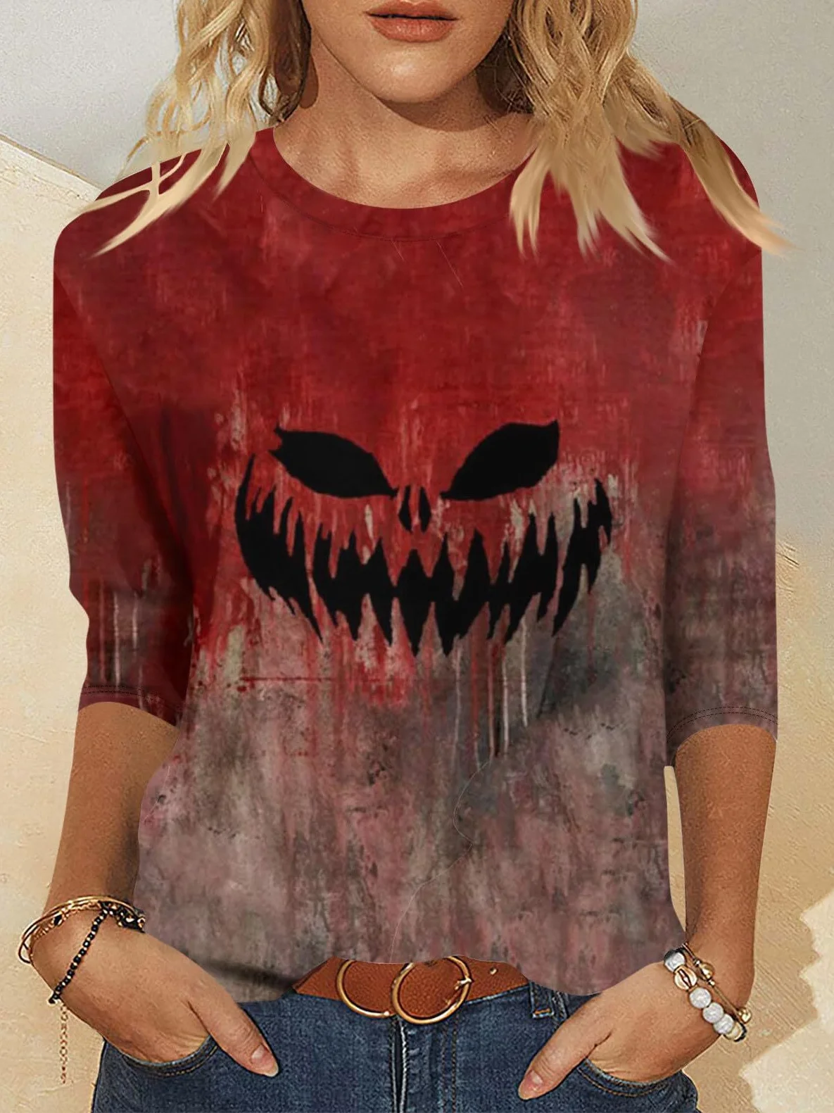 Casual Halloween Crew Neck Three Quarter Sleeve T-shirt