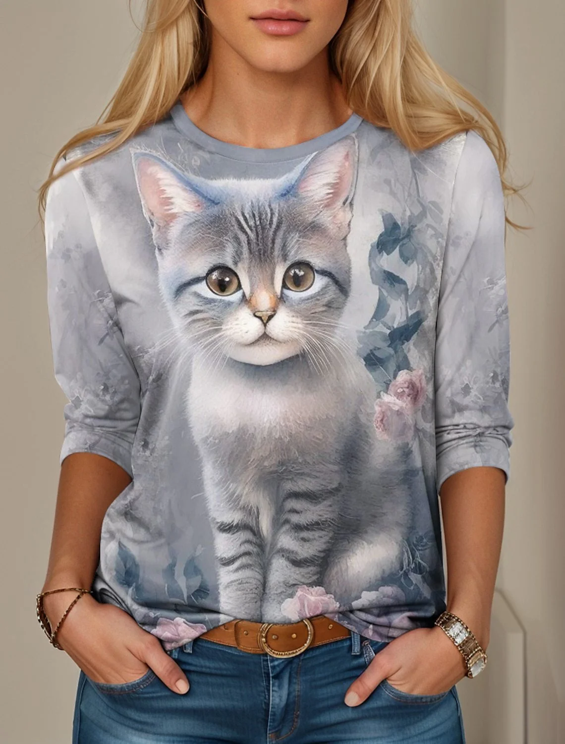 Casual Cat Crew Neck Long Sleeve T-shirt