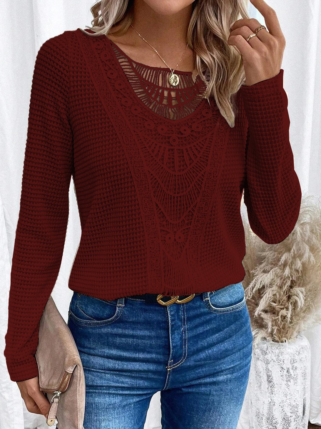 Long Sleeve Geometric Lace Regular Micro-Elasticity Loose Blouse For Women