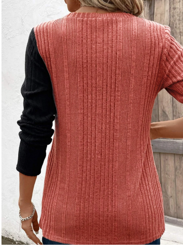 Crew Neck Long Sleeve Color Block Beaded Regular Micro-Elasticity Loose Blouse For Women