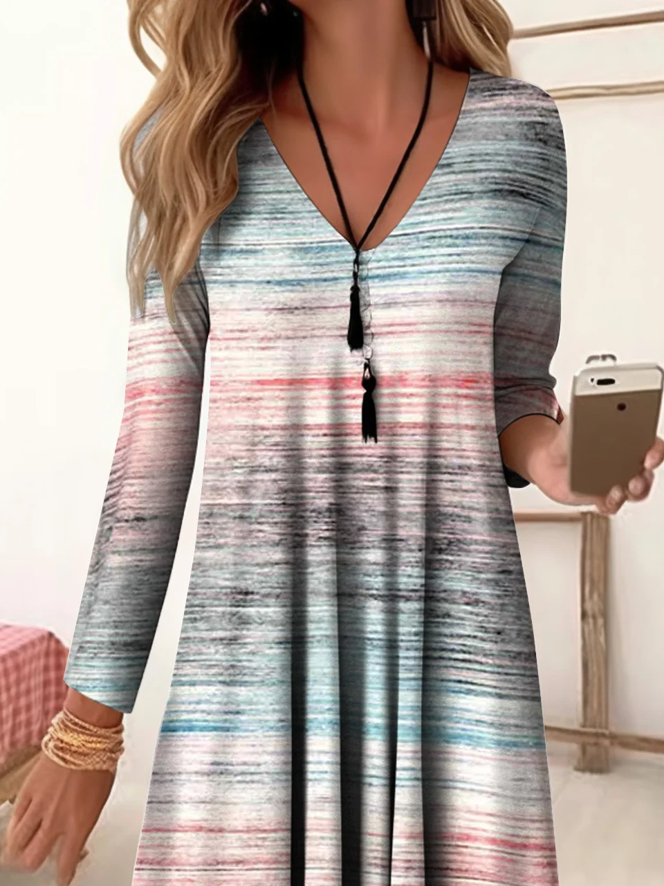 Women Striped V Neck Long Sleeve Comfy Casual Midi Dress