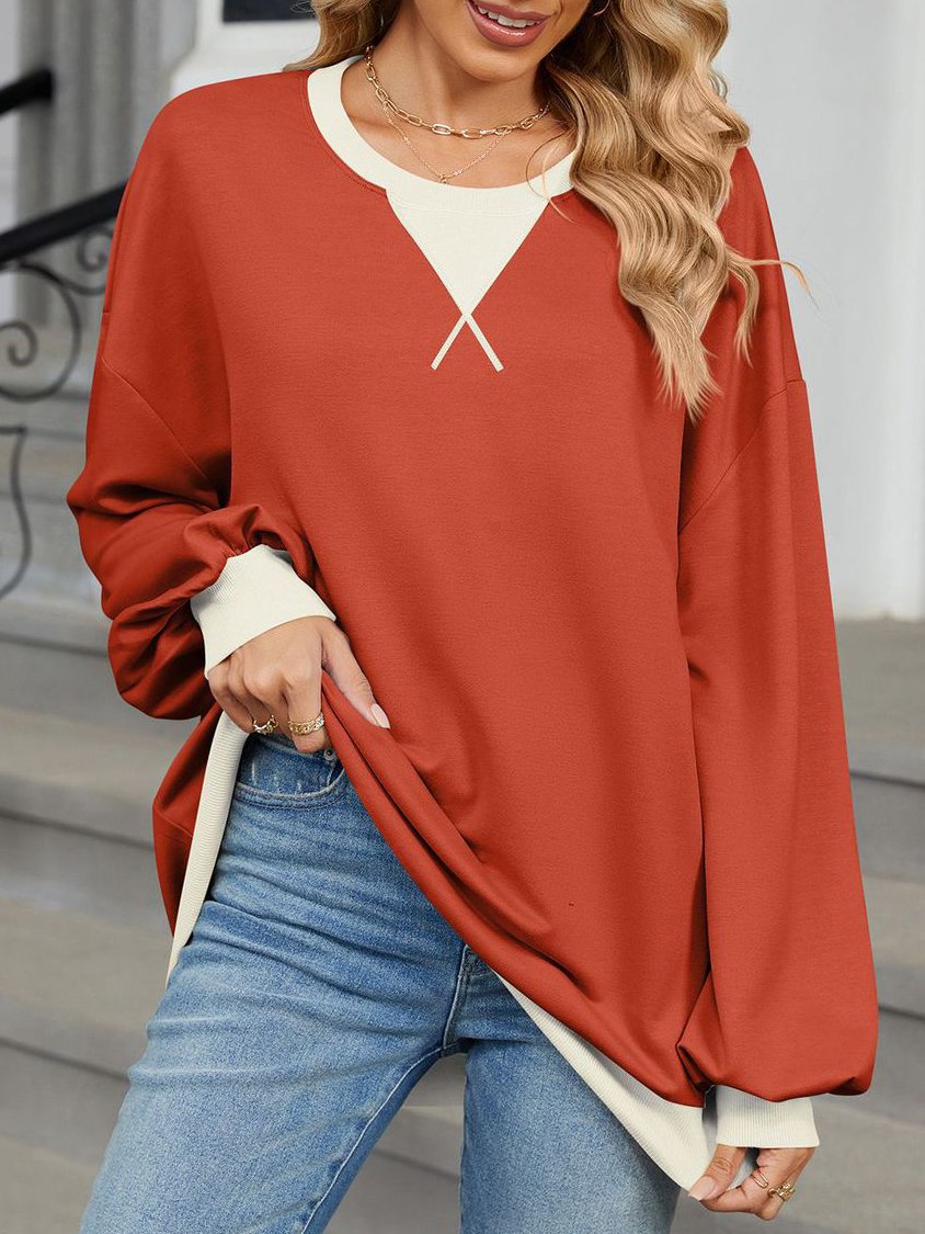 Casual V Neck Contrast Stitching Sweatshirt Split Joint