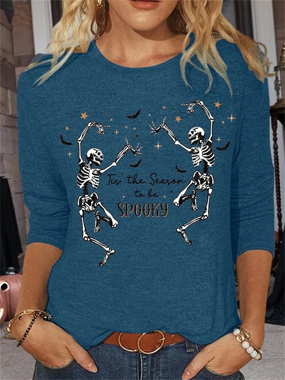 Casual Halloween Crew Neck Three Quarter Sleeve T-shirt