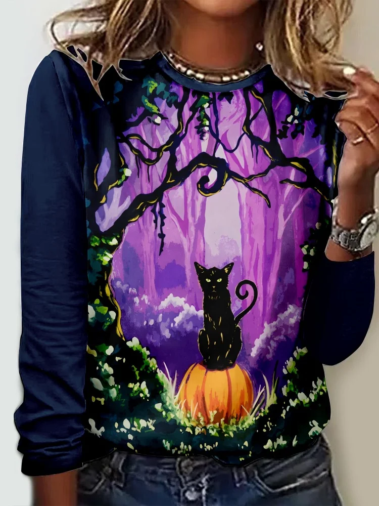 Casual Halloween Pumpkins And Cat Print Crew Neck Long Sleeve T-shirt