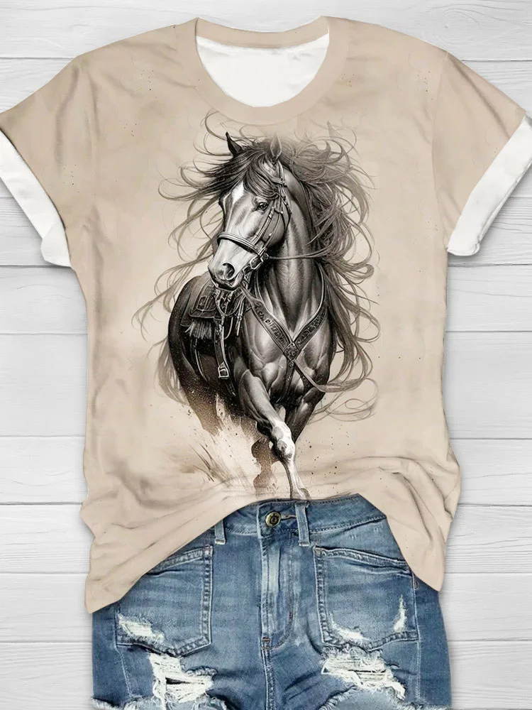 Casual Horse Crew Neck Short Sleeve T-shirt