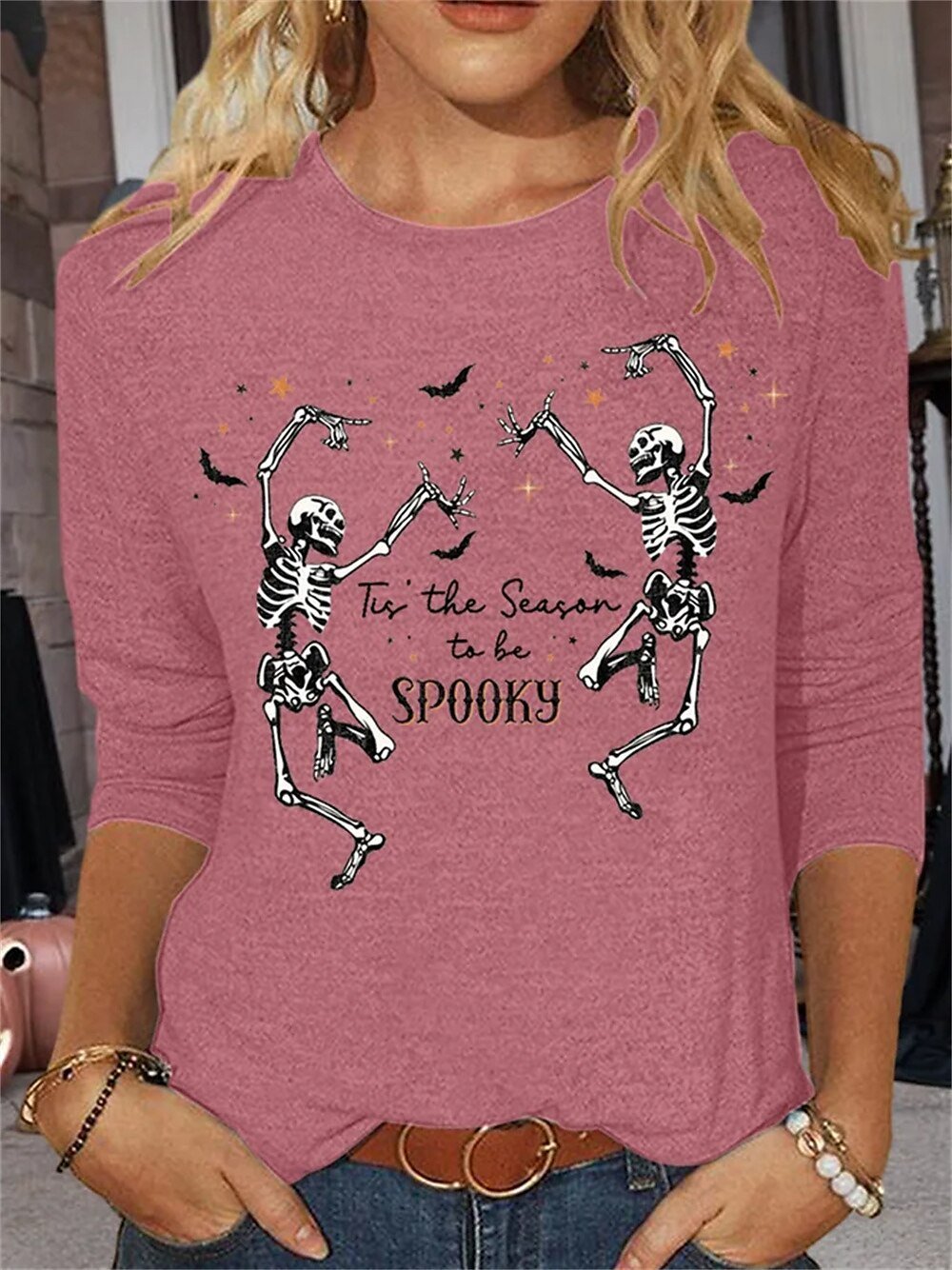 Casual Halloween Crew Neck Three Quarter Sleeve T-shirt