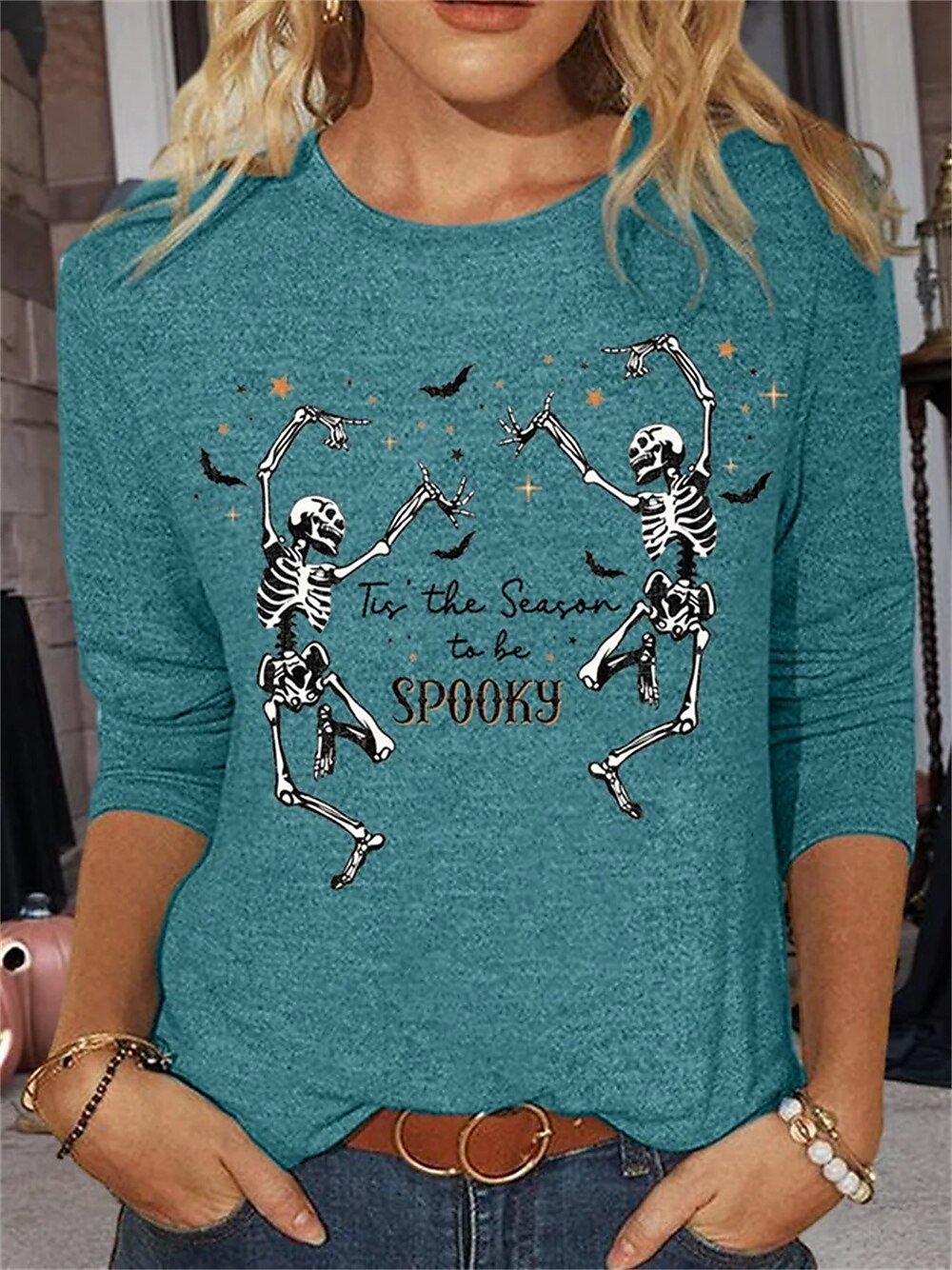 Casual Halloween Crew Neck Three Quarter Sleeve T-shirt