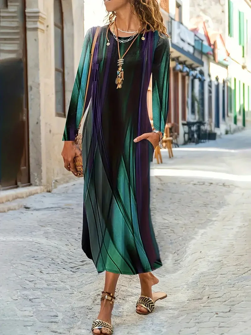 Women Geometric Long Sleeve Comfy Casual Maxi Dress