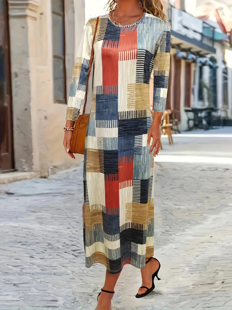 Women Geometric Long Sleeve Comfy Casual Maxi Dress